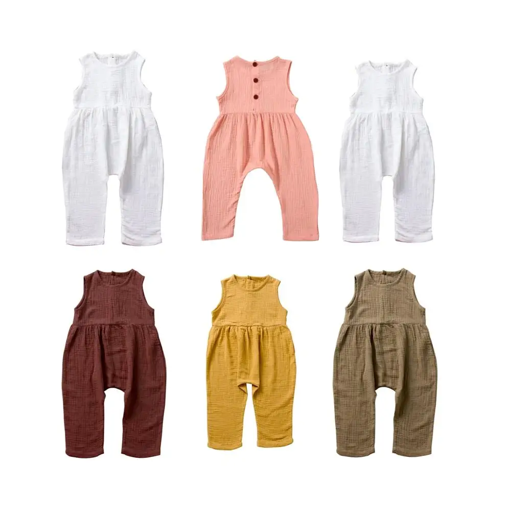 

2020 Toddler Baby Girls Boys Summer Jumpsuits Soild Cotton Linen Romper Sleeveless Sunsuits 1-6Y For Kids