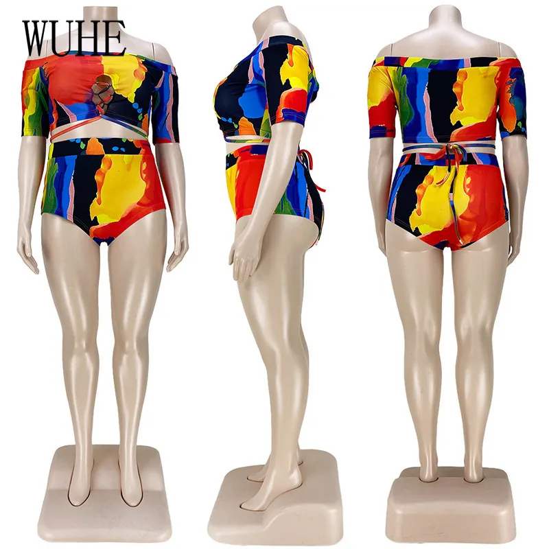 

YEYA Swimsuit Two Piece Print Short Sleeve Slash Neck Cross Hollow Out Lace Up Crop Top and Pants Casual Beach Holiday Outfits