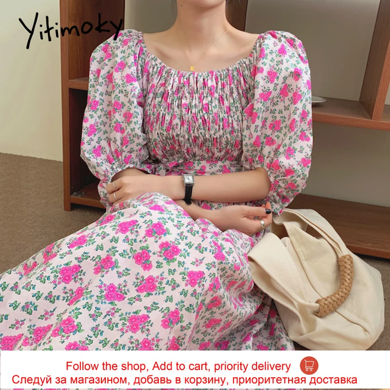 

Yitimoky Vintage Women Dresses Lace Up Puff Sleeve Square Collar 2021 Summer New Ruched Floral Printing Backless Long Dress