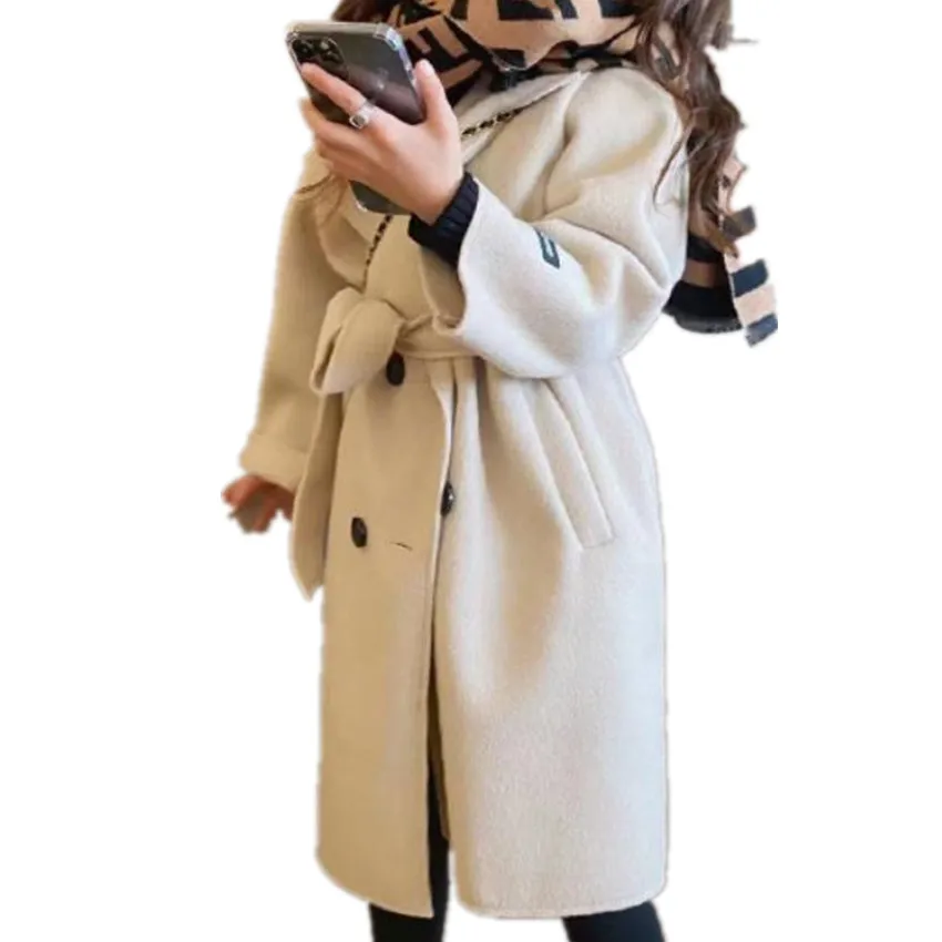 

Autumn Winter Girls Baby cashmere X Long Coat Kids Outwear Children Clothes Fashion Double Faced Fleece Waistbelt