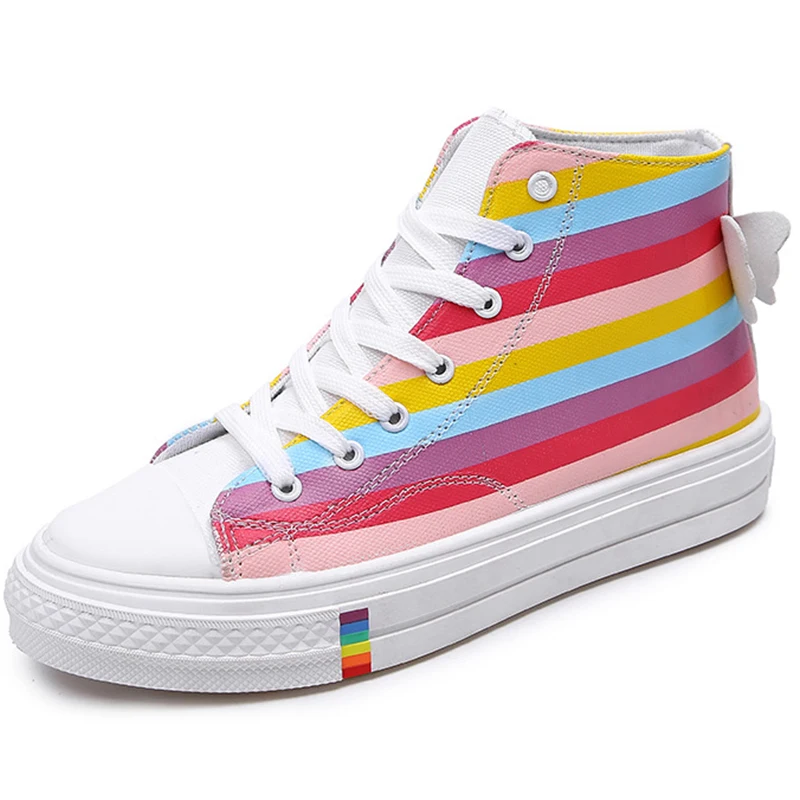 Женская парусиновая обувь Модная Радужная Обувь на платформе Женские массивные