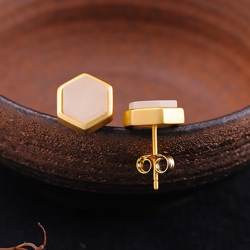 Женские серьги гвоздики из серебра 925 пробы с натуральным нефритом|Ювелирные