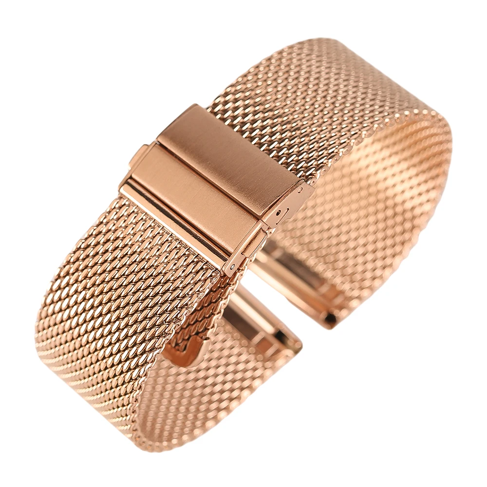 

Fold Over Clasp Watch Band Mesh Stainless Steel Strap 16mm 18mm 20mm 22mm Watches Replacement Bracelet Black Silver Rose Gold