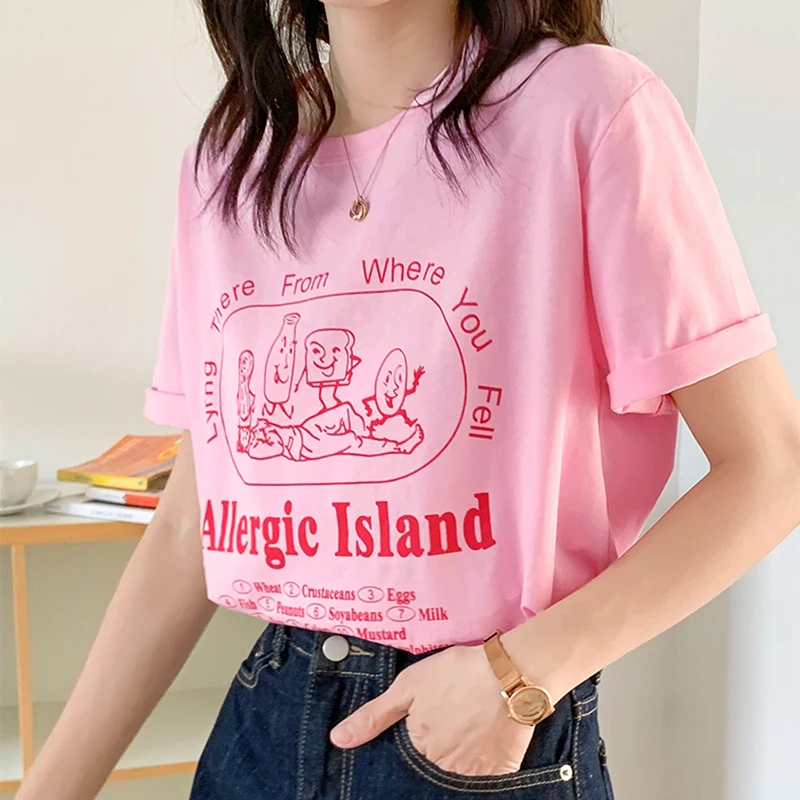 

2021 Loose Girls Summer T Shirt Women Korean Fashion Pink Tshirt Short Sleeve Cartoon Print Tee Shirt Femme Tops Oversized