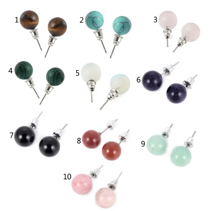 Natural Stone Tiger Eye Opal Ball Beads Stud Earrings Jewelry Unisex | Украшения и аксессуары