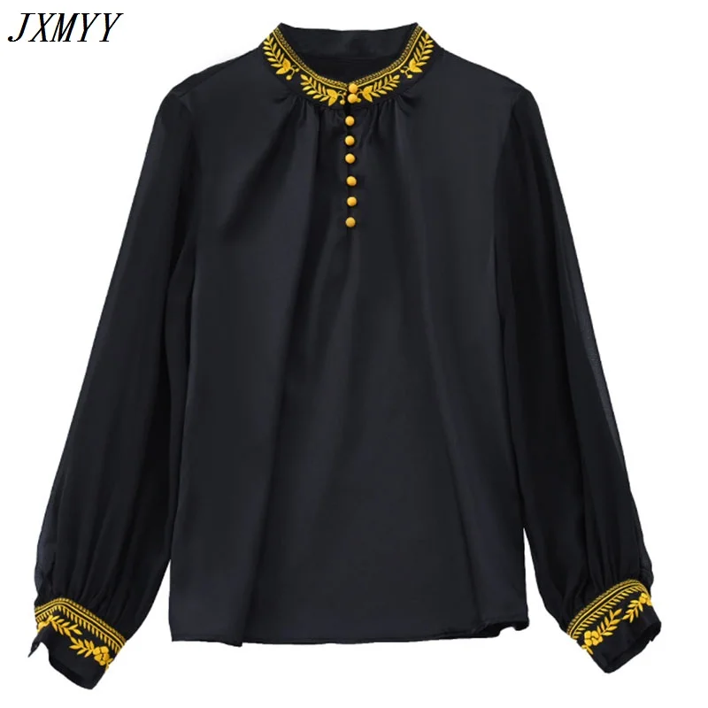 Рубашка JXMYYY Женская атласная шелковая с длинным рукавом блузка вышивкой и