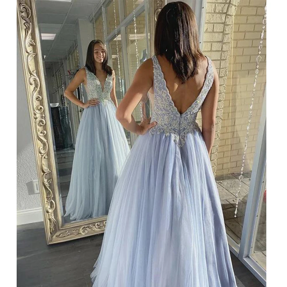 

Strapless Backless Evening Dresses Long Luxury 2021 V-Neck Elegant Lace Prom Gowns Ice Blue Tulle Bead robe de soirée de mariage