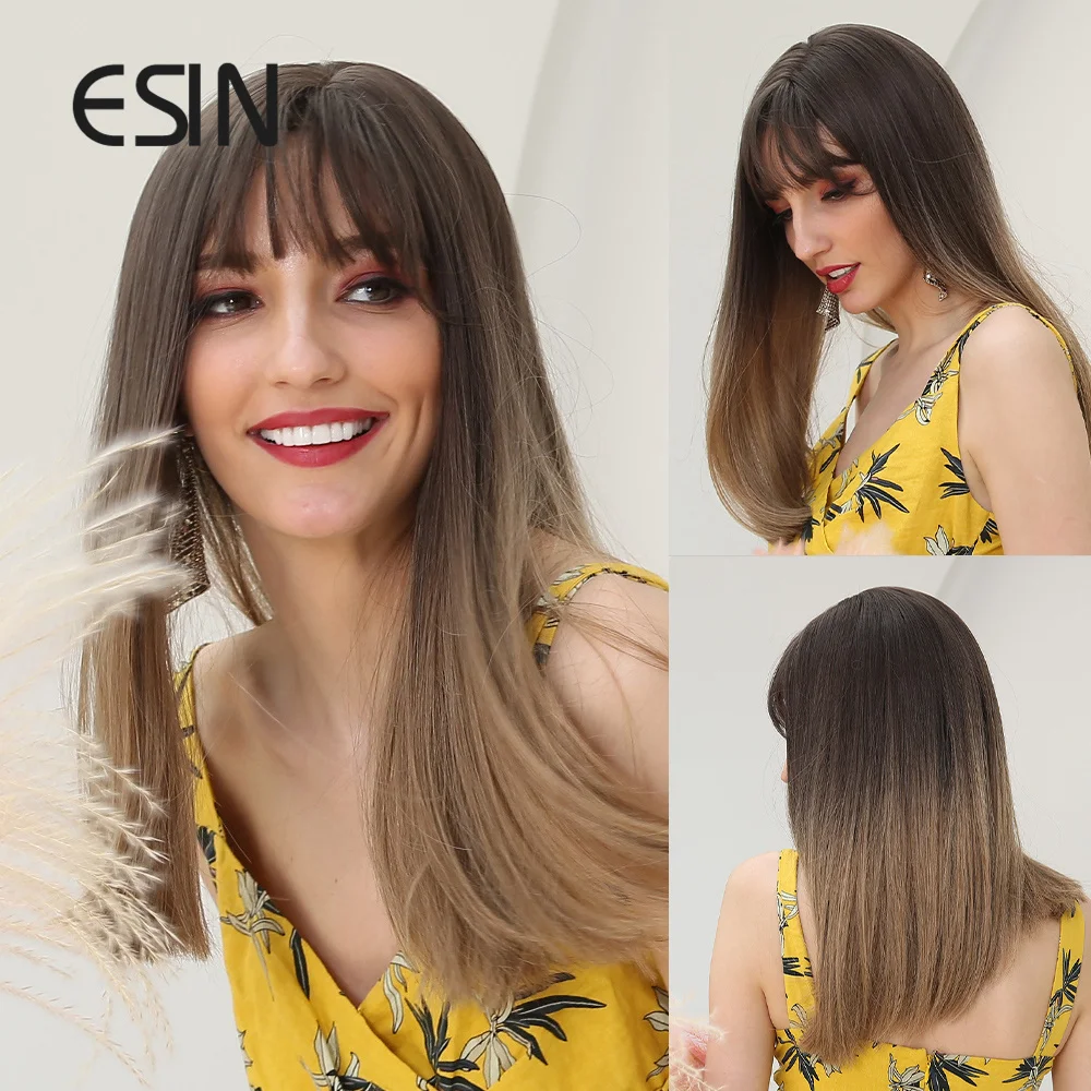 

ESIN Synthetic Dark Brown Omber Brown Medium Long Straight Wig with Air Bangs Cospaly Natural Wigs for Women Heat Resistant Hair