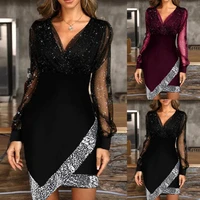 women black bodycon dress long sleeve autumn sequins v neck dresses female mini sheath sexy mini party vestidos s xxxl