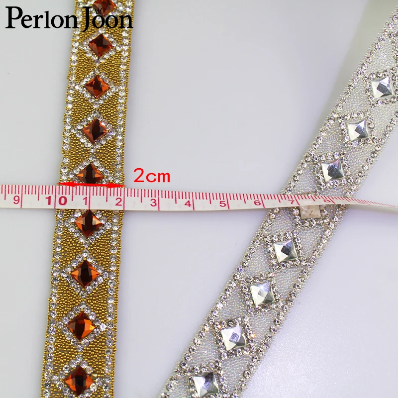 1 yard Gold silver retro rhinestone hot fix tape ribbon crystal rhinestone decoration iron on shoes clothing accessories TR024