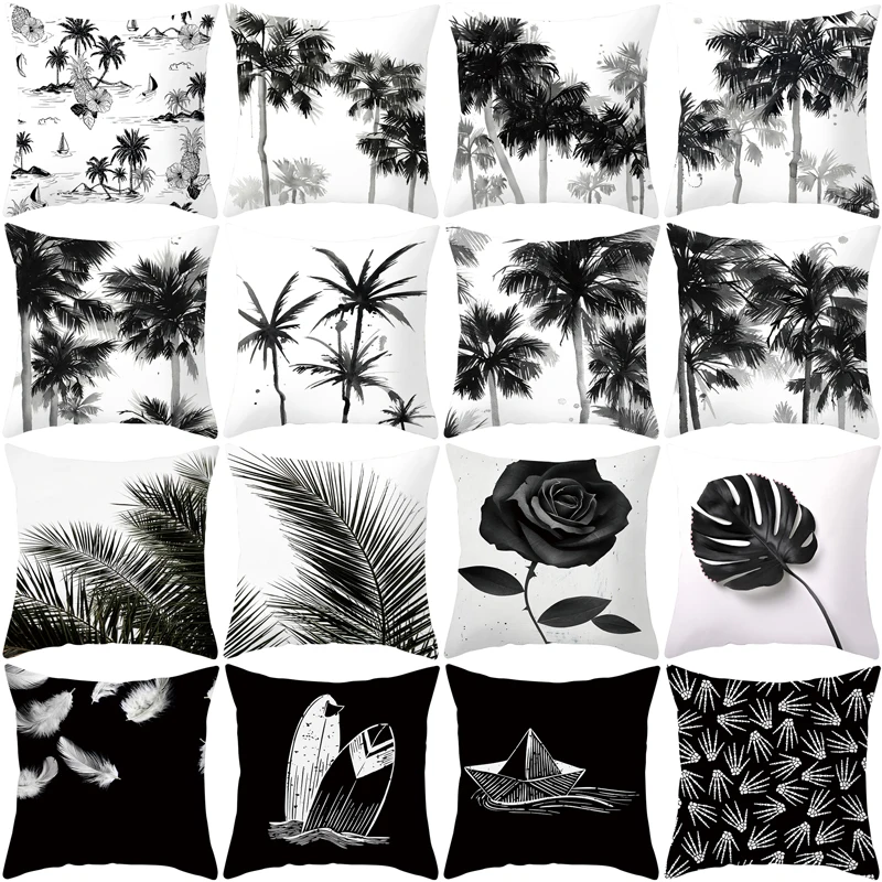 

Nordic Decoration Home Tropical Decoration Cushion Cover Pillow Black White Plant Leaves Decor for Home Throw Pillow car