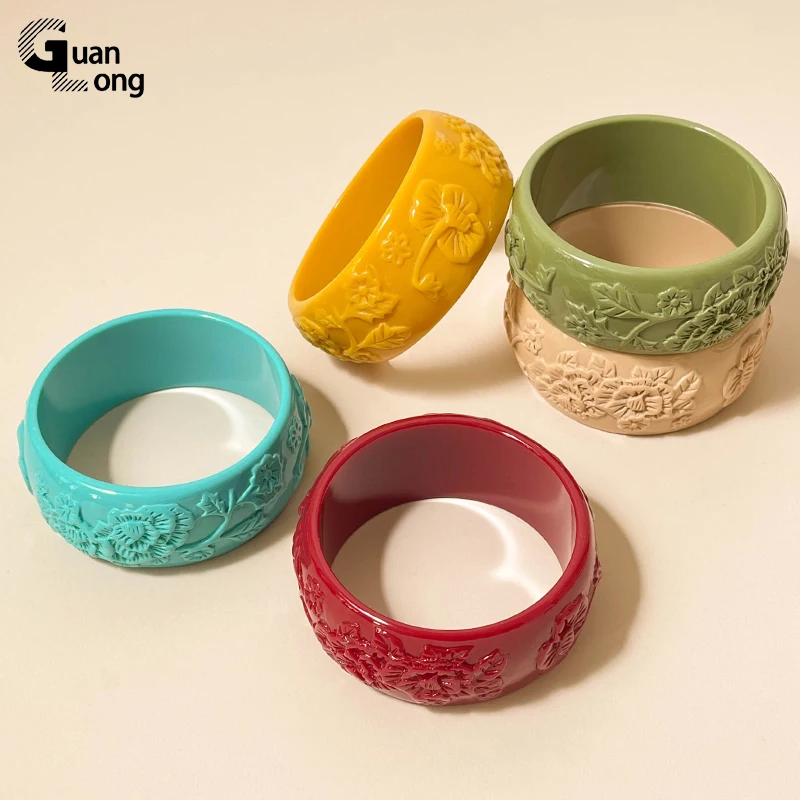 

GongLong Trendy Flower Charms Bangle Bracelets for Women Acrylic Geometric Wide Cuff Bangles for Girls Colorful Fashion Jewelry