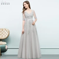 sexy illusion lace prom dresses long v neck half sleeves prom gowns appliques backless mutiple colors vestido de festa longo