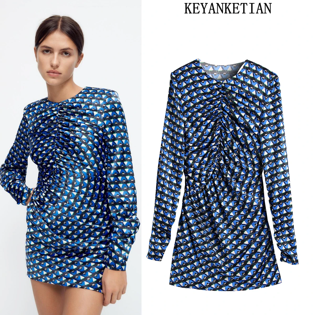 

KEYANKETIAN ZA 2021 geometric pattern printed dress ladies elegant mini dress ruffled long sleeve autumn party dress