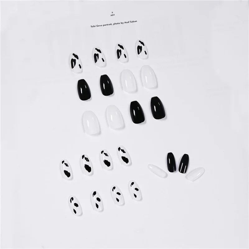 

Nail Decor Full Cover Black White Ballerina Coffin Nails Extension Frosted Matte Cow Print False Nail ABS Nail Design