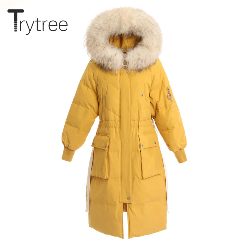 Trytree зимнее женское повседневное пальто с меховым капюшоном на молнии кулиской