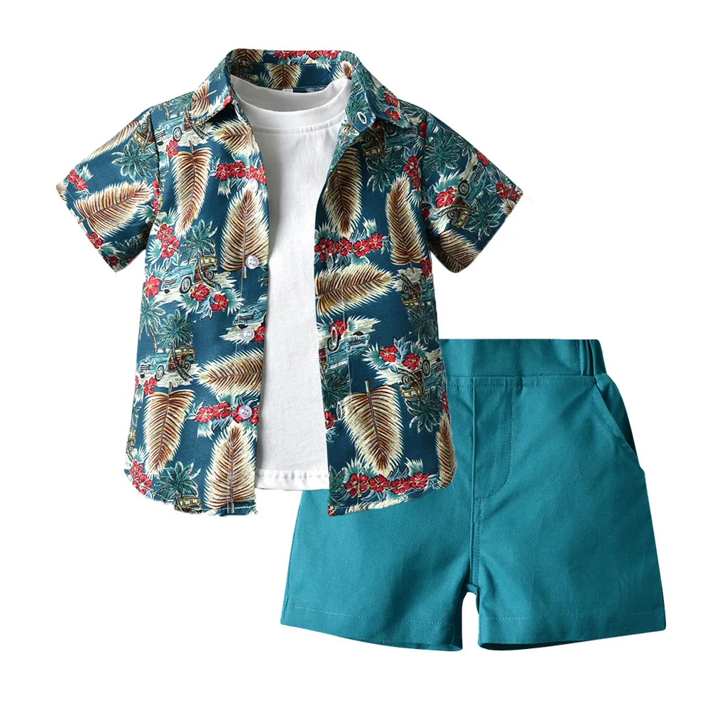 

Children's summer suit for 2-7 years old boys fashion flower shirt casual jacket short sleeve t-shirt shorts three-piece suit