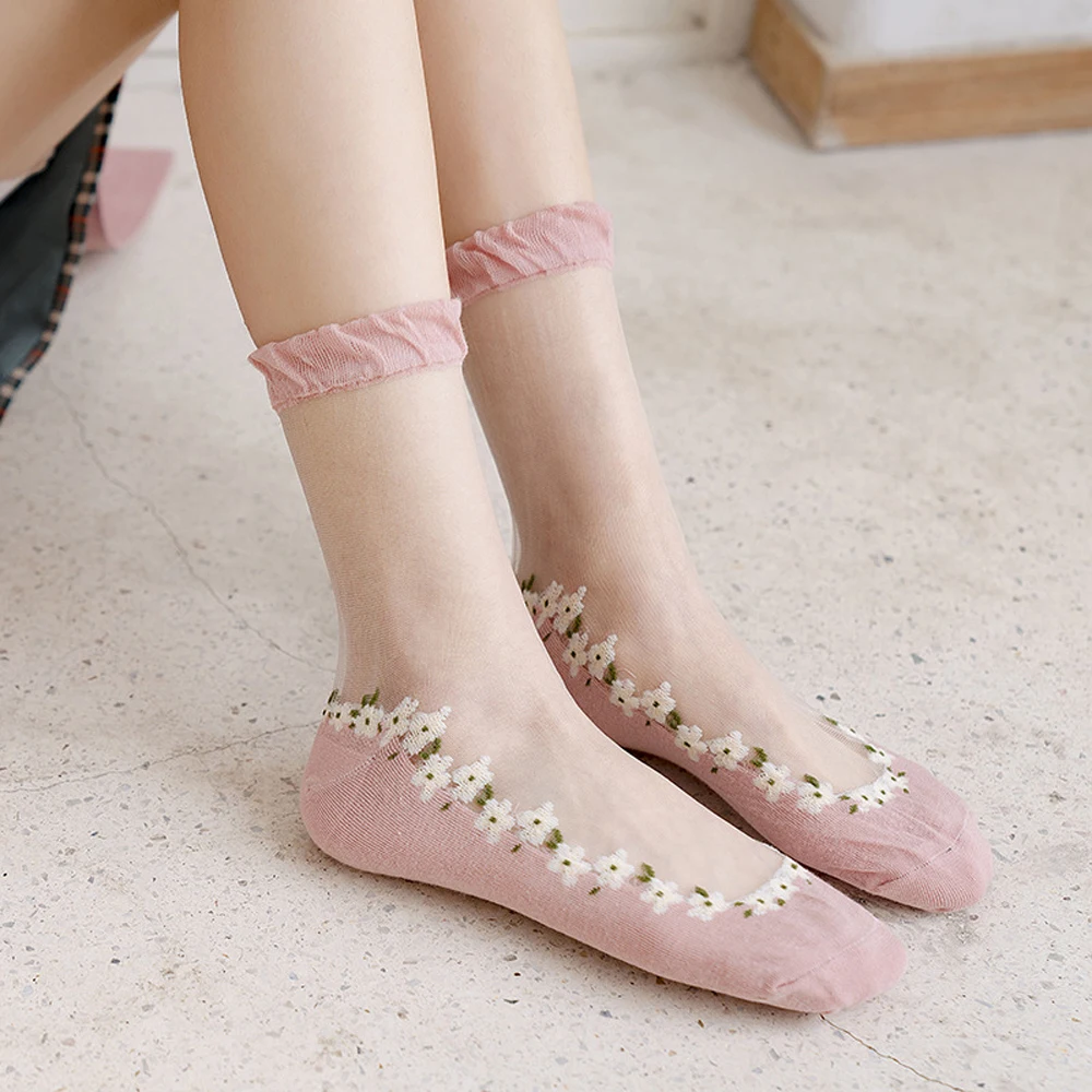 

Korean Sweet Transparent Glass Silk Flower Socks Women Hosiery Lace Mesh Floral Socks Stretch Elasticity Ankle Socks
