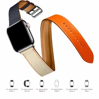 double tour for apple watch band 44mm 40mm real leather bracelet belt iwatch band 38mm 42mm series 3 4 5 6 strap