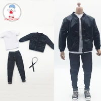 16 sacle male trendy black bright leather jacket t shirt jeans set for 12 inches body figures