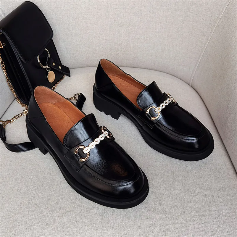 

Meotina Crystal Real Leather Platform Block Heels Pumps Women Round Toe Loafers Shoes Metal decoration Mid Heel Footwear 34-40