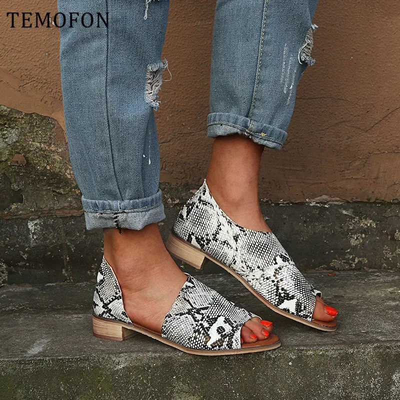 TEMOFON/женские летние босоножки Женская обувь на низком каблуке Леопардовые