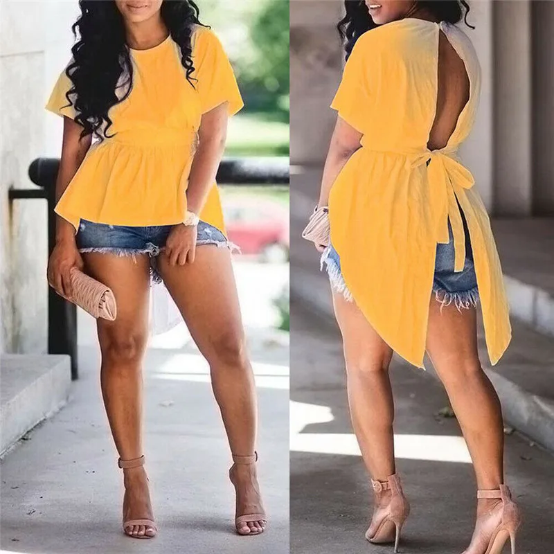 

hirigin Women Short Sleeve Asymmetrical hollow out Tops female fashion Blouses ladies High irregular o-neck Tunic new Tank tops