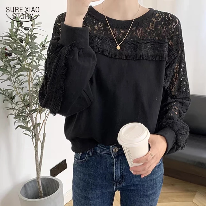 

Hollow Embroidery Lace Stitching Long-sleeve T-shirt Autumn Retro O-neck Allmatch Shirt Loose Thin Puff Sleeve Elegant Top 16981