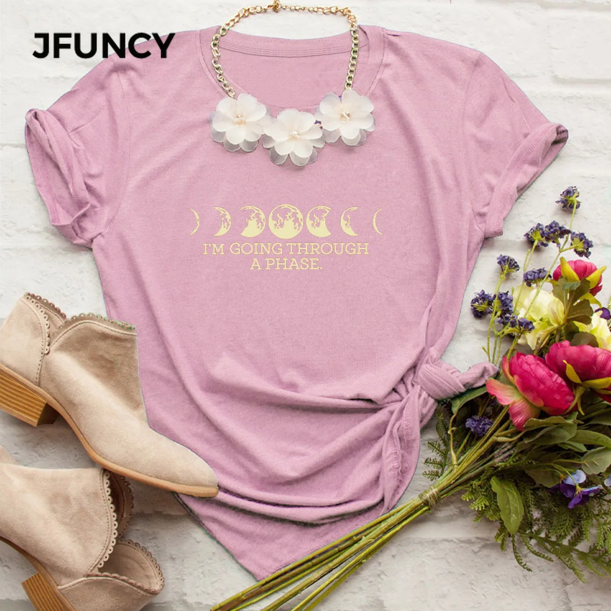 

JFUNCY Retro Moon Print T Shirt Women Short Sleeve Loose Tshirt Woman Summer Cotton Tee Shirts Plus Size Female Tops Mujer