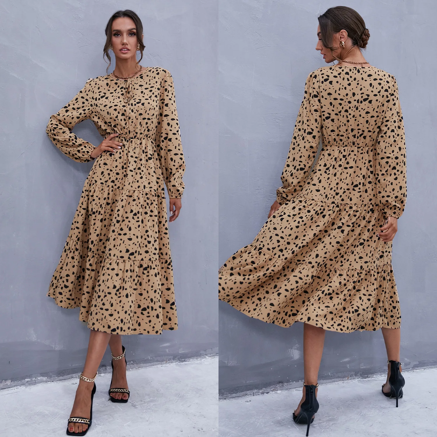 

Women's Vintage Fashion Leopard Long Sleeve Tunics Pullover Long Dress Elegant Women Printing Round Neck Autumn Dresses 2022 New