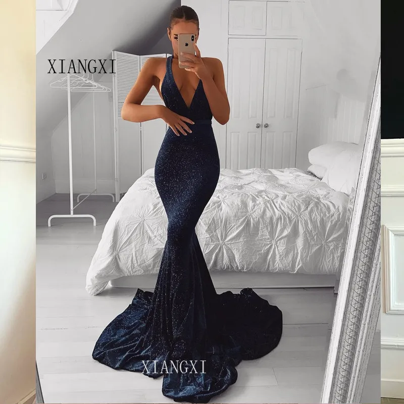

Темно-синие вечерние платья, длинное вечернее платье-русалка, вечернее платье с глубоким V-образным вырезом и блестками, вечерние платья, пл...