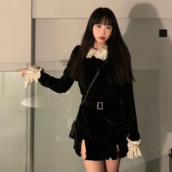 Черная кружевная юбка с кукольным воротником и разрезом | Женская одежда