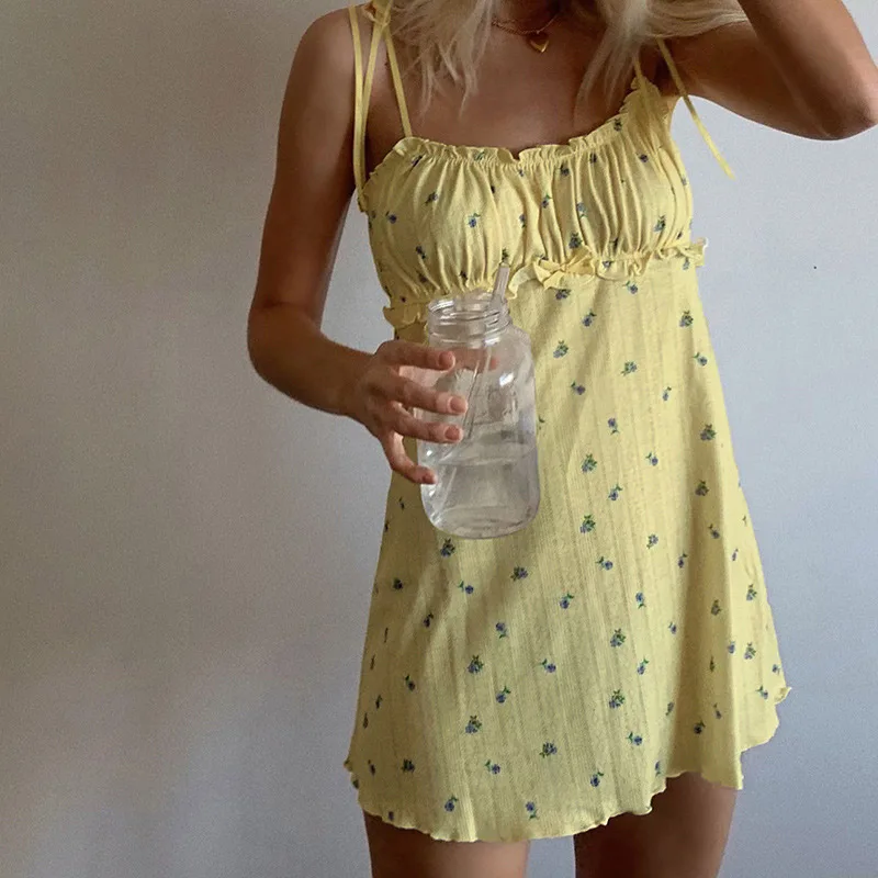 

Floral Printed Sleeveless Spaghetti Strap Dress Summer White A Line Short Dresses Ladies Ruched Tie Up Casual Dress