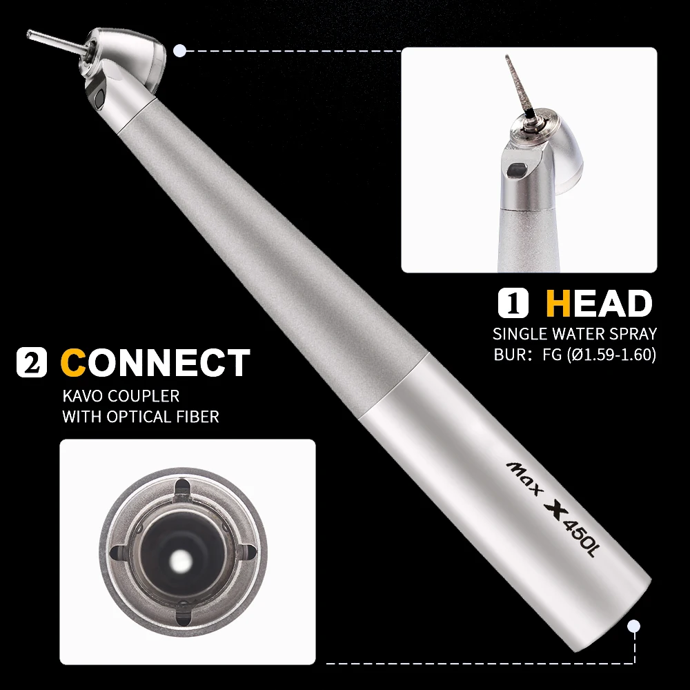 Dental 45 Degree Kavo Type Mini Head High Speed Handpiece Fiber Optic LED Coupling Air Turbine Hand Piece X450L