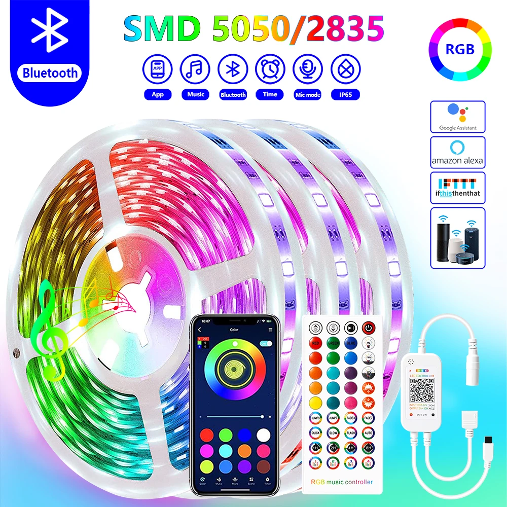 

5M-30M DC 12V RGB Led Strip Lights 5050 2835 Bluetooth Control Music Sync Waterproof LED Tape Ribbon Neon Light Decor for Room