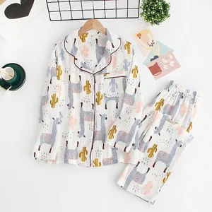 Осенняя пижама из хлопка и крепа для женщин, штаны с длинными рукавами, пижама с рисунком фруктов, Пижама для отдыха, 2 предмета, сексуальный домашний костюм
