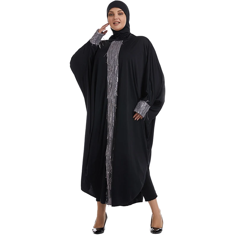 

Ramadan Turkish Muslim Clothing XL Black Prayer Clothes Loose Sequins Abaya Dubai Hijab Robe Bat Sleeve Ethnic Hooded Long Skirt