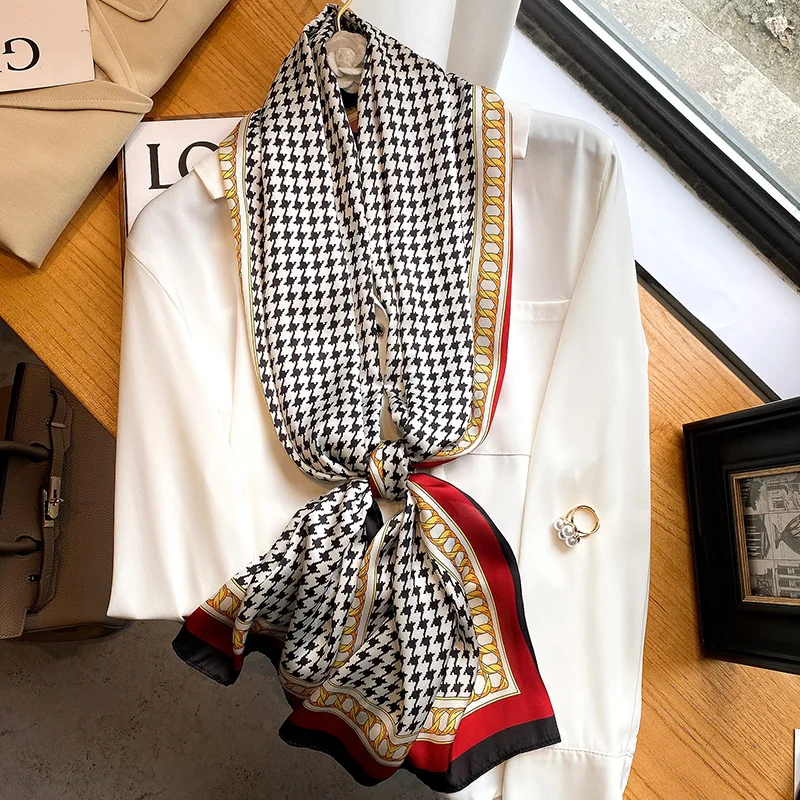 

2022 houndstooth Scarf for Women Silk Feeling Hair Band Foulard Female Office Neckerchief Lady Bandana scarves shawls pashimina