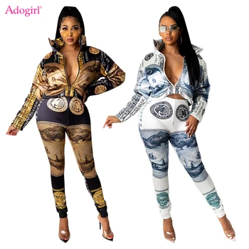 Adogirl Dollar Print Two Piece Set Fall Winter Women Tracksuit Zipper Long Sleeve Short Jacket Pencil Pants Fashion Casual Suits 1