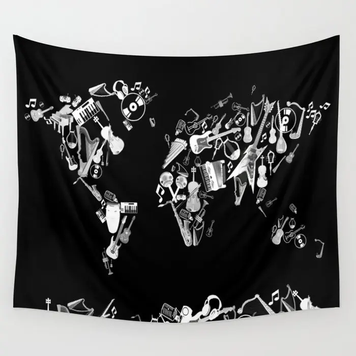 

Карта мира музыка черно-белый гобелен настенная подвесная комната ковер покрывало пляжный коврик гобелены искусство аксессуары для дома