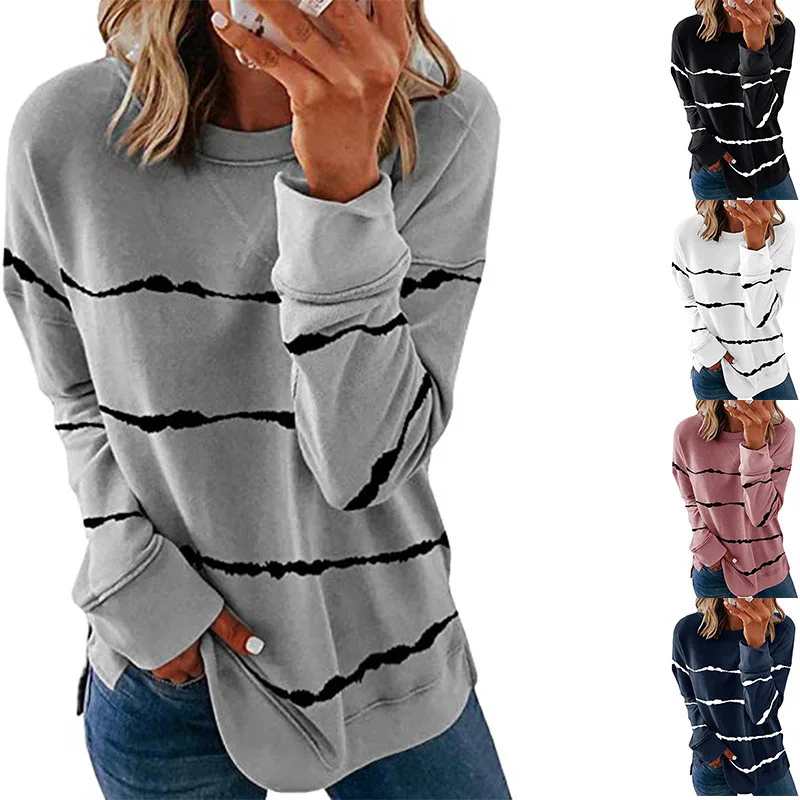 

Autumn European and American hot style printed striped round neck loose long-sleeved plus size women's top