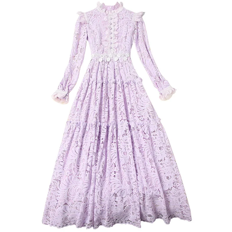 

Женское кружевное платье средней длины, фиолетовое облегающее однотонное платье с воротником-стойкой, длинными рукавами и вышивкой бисеро...