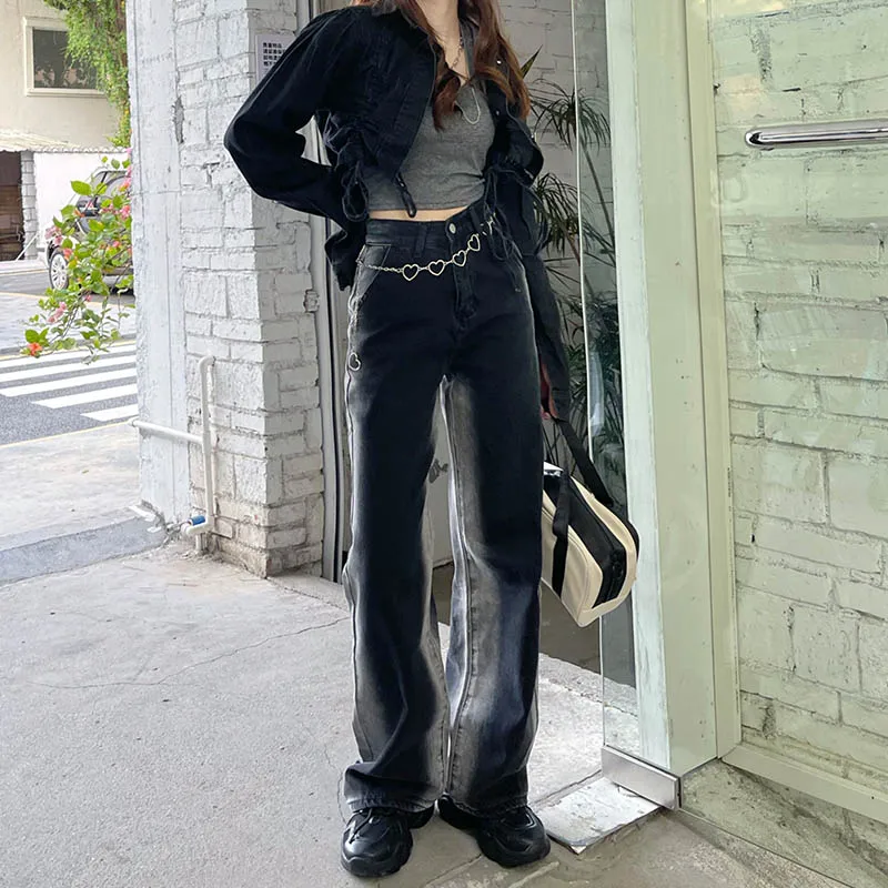 

2021 new contrast gradient high waist loose straight jeans women autumn and winter slim street tide ins trousers 2 colors.