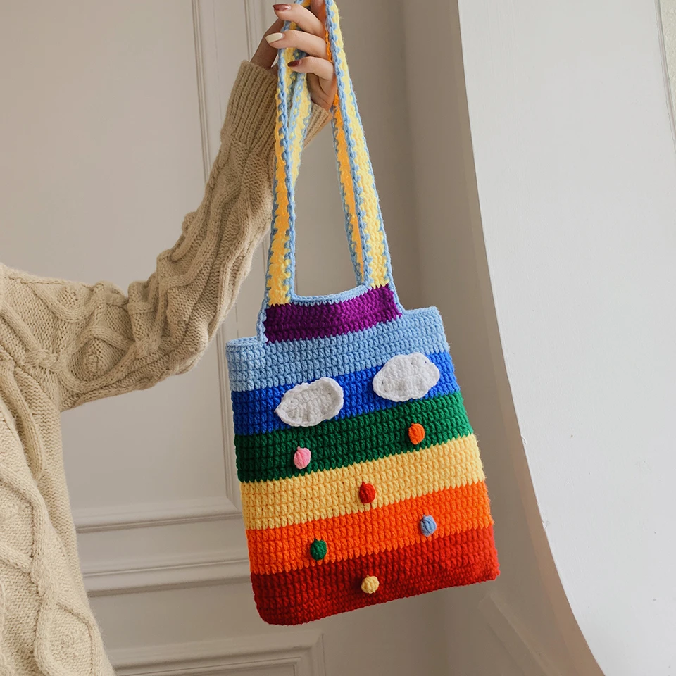Cute Rainbow Colors Big Tote New Stripe Design Cartoon Pattern Large Shopping Bag Cotton Weave Shoulder Bag Girl's Birthday Gift