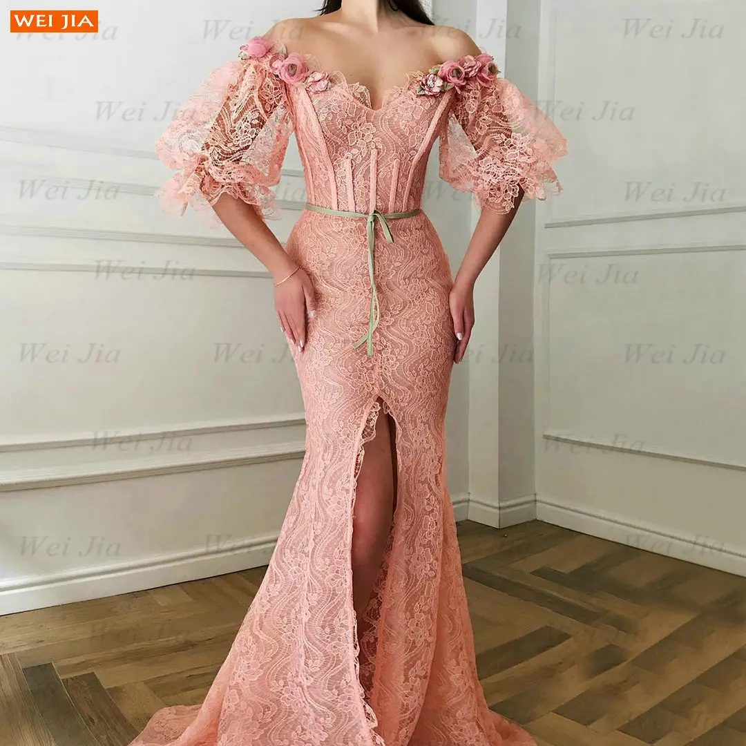 

Pearl Pink Lace Evening Dresses 2021 Mermaid vestidos de fiesta de noche Half Shoulder вечернее платье женкое Women Party Dress
