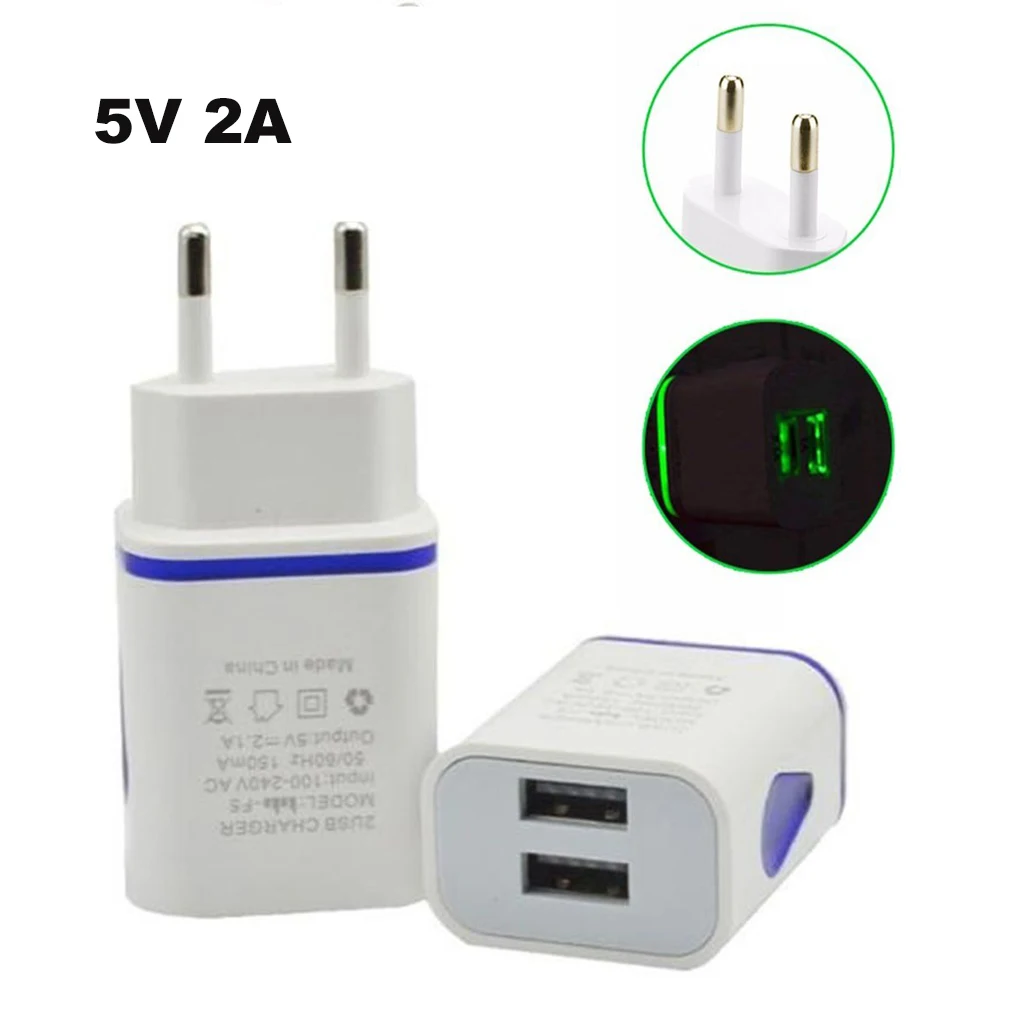 Universal USB Wall Charger Dual Port 2A Output LED light Travel Plug Power Adapter Compatible for iPhone smart phone EU Plug