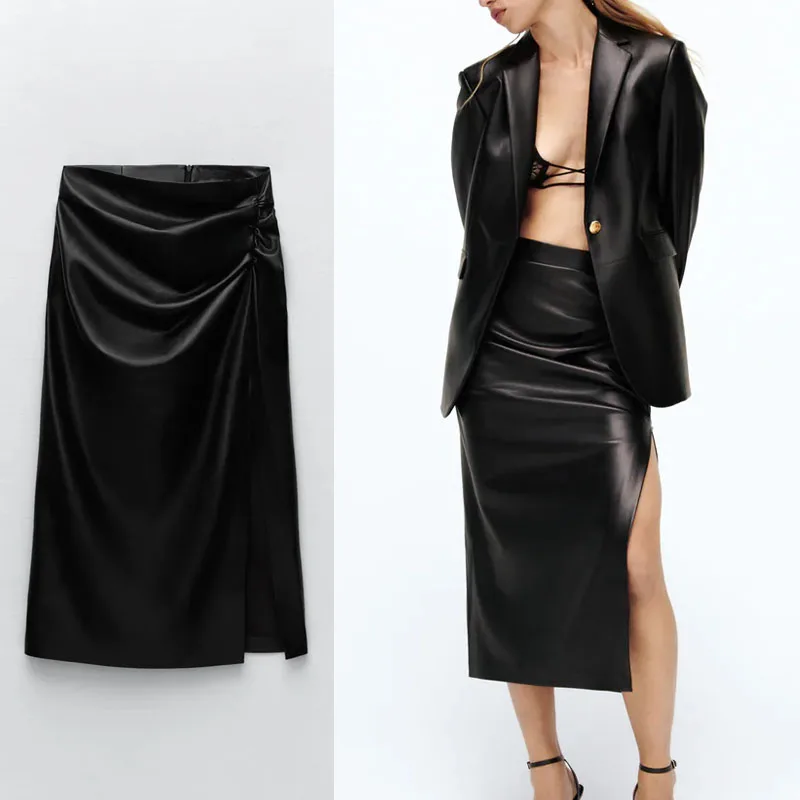 

2021 Pu Leather Pencil Skirt Women Autumn High Waist Ruched Midi Skirts Female Chic Side Slit Vintage Black Leatherette Skirt