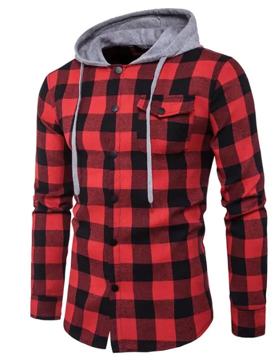 2021 Men's Hooded Shirt Large Plaid Men Pocket Hooded Plaid Shirts Men Long Sleeve Shirts