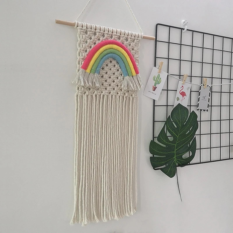 

OOTDTY Large Rainbow Macrame Tapestry Wall Hanging Toys Hand-Woven Tassels Tapestry Kids Room Decor Home Nursery Decor