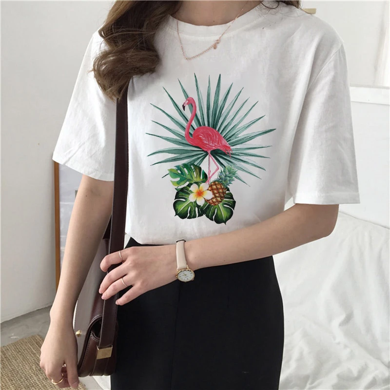 

2021 mulheres t camisa 90s aquarela dos desenhos animados flamingo praia floral impressão feminina camisetas harajuku manga curt